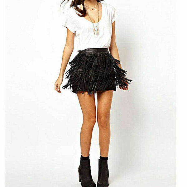 Noora Womens Lady High Waist Leather Fringe Tassel Evening Party Mini Skirt SK-6 - Noora International