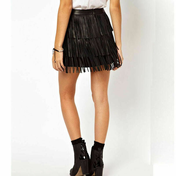 Noora Womens Lady High Waist Leather Fringe Tassel Evening Party Mini Skirt SK-6 - Noora International