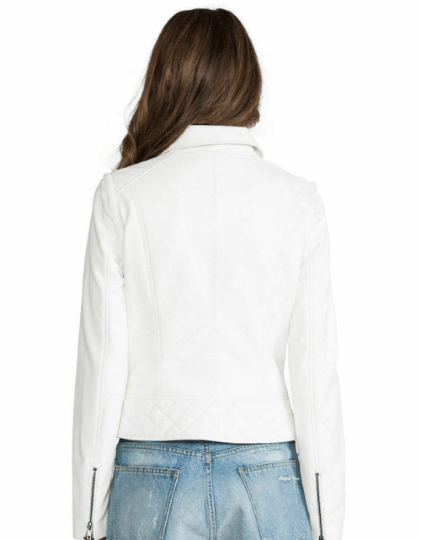 NOORA Womens Lambkin White Leather Biker Style Jacket With Zipper & Zipped Pocket | Snap On Collar | ST044 - Noora International