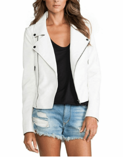 NOORA Womens Lambkin White Leather Biker Style Jacket With Zipper & Zipped Pocket | Snap On Collar | ST044 - Noora International