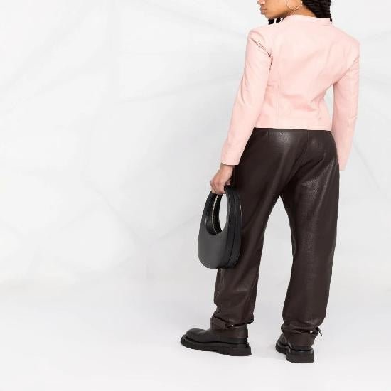 Noora Women's Lambskin Baby Pink Leather Motorcycle Jacket With Zipper & Chinese Collar Slim Fit Biker Jacket SN022 - Noora International