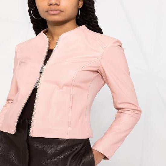 Noora Women's Lambskin Baby Pink Leather Motorcycle Jacket With Zipper & Chinese Collar Slim Fit Biker Jacket SN022 - Noora International