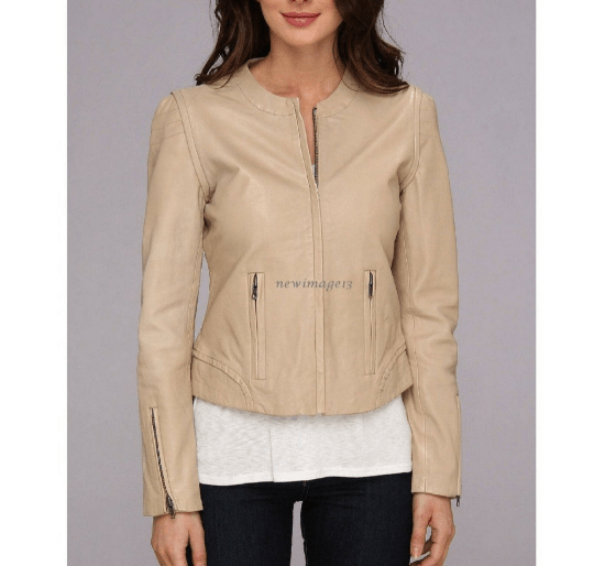 NOORA Womens Lambskin Beige Leather Crop Slim Fit Jacket With Zipper & Pocket | Zip On Sleeves | ST051 - Noora International