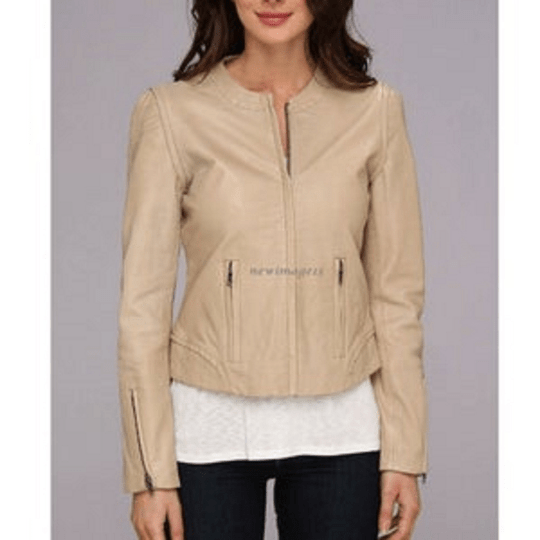 NOORA Womens Lambskin Beige Leather Crop Slim Fit Jacket With Zipper & Pocket | Zip On Sleeves | ST051 - Noora International