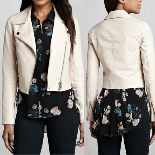 NOORA Womens Lambskin Beige Leather Cropped Jacket With Zipper & Pocket | Zip On Sleeves | ST058 - Noora International