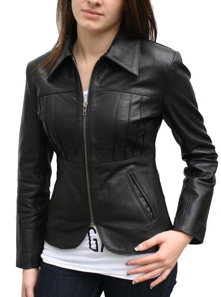 Noora Women's lambskin black fitted leather jacket with winged collar ST0244 - Noora International