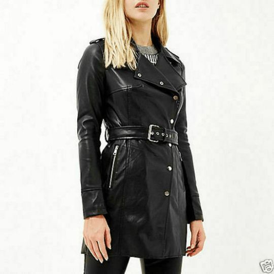 NOORA Womens Lambskin Black Leather Belted Mini Trench Coat With Zipper & Pocket | Shoulder Strap | ST095 - Noora International