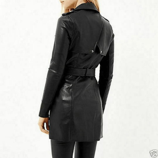 NOORA Womens Lambskin Black Leather Belted Mini Trench Coat With Zipper & Pocket | Shoulder Strap | ST095 - Noora International