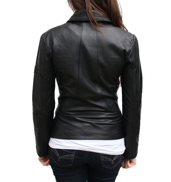 NOORA Womens Lambskin Black Leather Biker Jacket With Zipper & Pocket | Zip On Sleeves | Collared Jacket | ST05 - Noora International