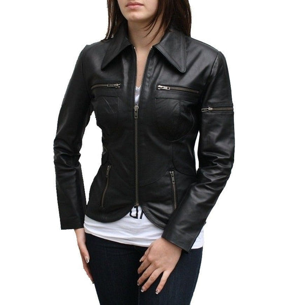 NOORA Womens Lambskin Black Leather Biker Jacket With Zipper & Pocket | Zip On Sleeves | Collared Jacket | ST05 - Noora International