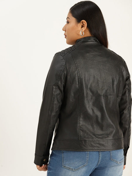 NOORA Womens Lambskin Black Leather Biker Quilted Jacket With Zipper & Pocket | Plus Size Jacket | Band Collar | ST0163 - Noora International