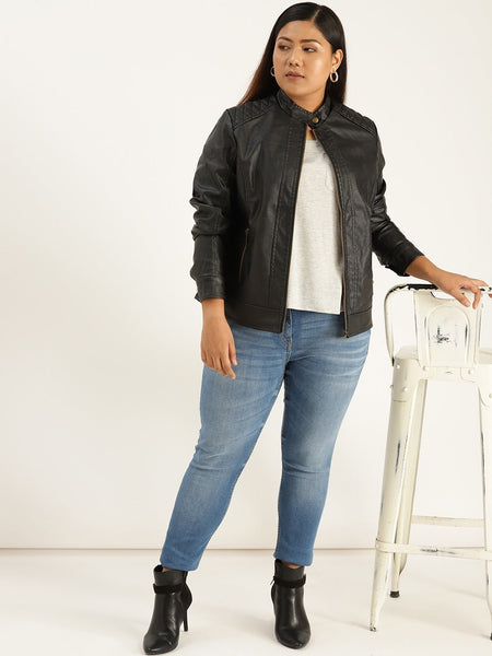 NOORA Womens Lambskin Black Leather Biker Quilted Jacket With Zipper & Pocket | Plus Size Jacket | Band Collar | ST0163 - Noora International