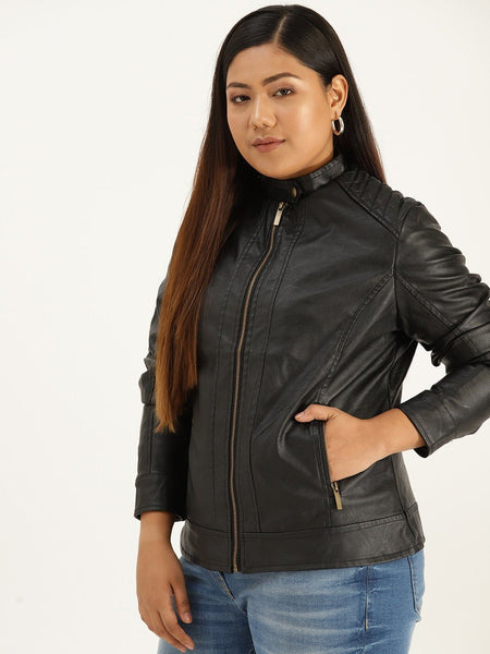 NOORA Womens Lambskin Black Leather Biker Quilted Jacket With Zipper & Pocket | Plus Size Jacket | Band Collar | ST0163 - Noora International