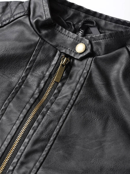 NOORA Womens Lambskin Black Leather Biker Quilted Jacket With Zipper & Pocket | Plus Size Jacket | Band Collar | ST0163 - Noora International