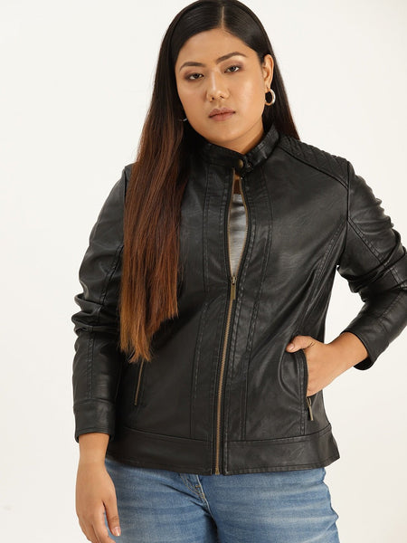 NOORA Womens Lambskin Black Leather Biker Quilted Jacket With Zipper & Pocket | Plus Size Jacket | Band Collar | ST0163 - Noora International