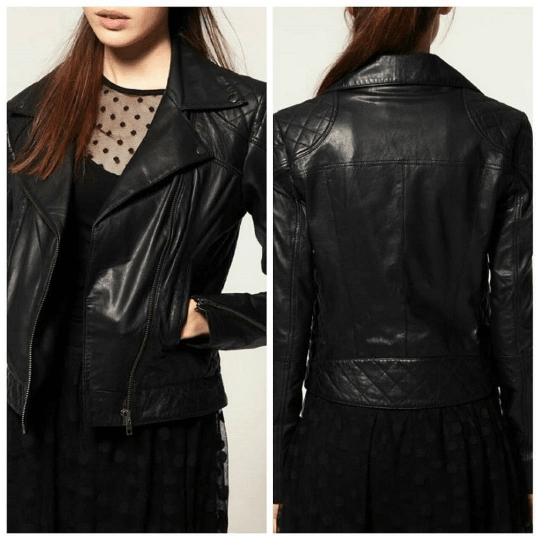 NOORA Womens Lambskin Black Leather Biker Quilted Jacket With Zipper & Pocket | Snap On Collar | Zip On Sleeves | ST085 - Noora International