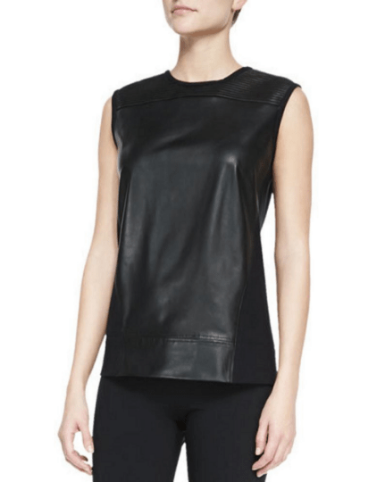 NOORA Womens Lambskin Black Leather Biker Tank Top With Back Side Zipper | Slim Fit Top | Sleeveless Top | ST091 - Noora International
