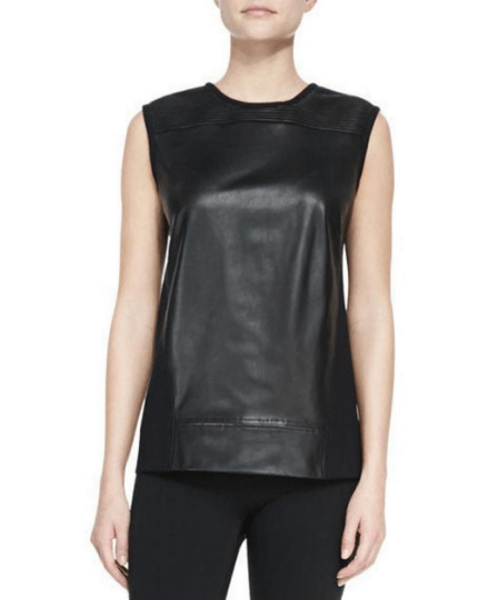 NOORA Womens Lambskin Black Leather Biker Tank Top With Back Side Zipper | Slim Fit Top | Sleeveless Top | ST091 - Noora International