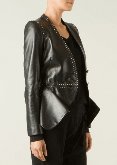 NOORA Womens Lambskin Black Leather Blazer | Pleated Fashion Blazer With Metal Design | Slim Fit Retro Style Jacket for Halloween YK065 - Noora International