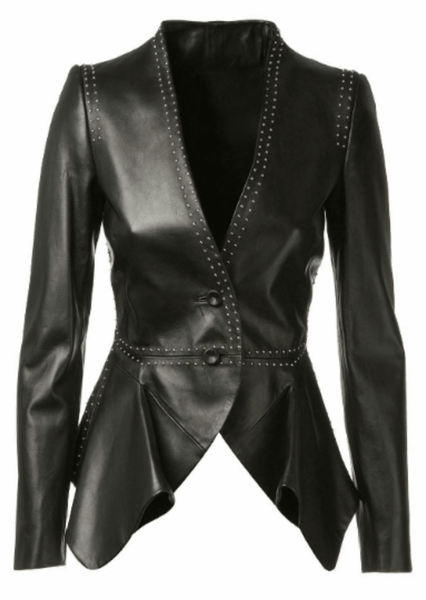 NOORA Womens Lambskin Black Leather Blazer | Pleated Fashion Blazer With Metal Design | Slim Fit Retro Style Jacket for Halloween YK065 - Noora International