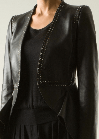 NOORA Womens Lambskin Black Leather Blazer | Pleated Fashion Blazer With Metal Design | Slim Fit Retro Style Jacket for Halloween YK065 - Noora International