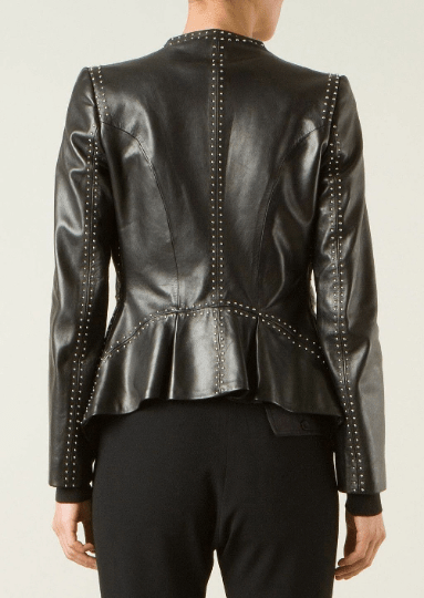 NOORA Womens Lambskin Black Leather Blazer | Pleated Fashion Blazer With Metal Design | Slim Fit Retro Style Jacket for Halloween YK065 - Noora International