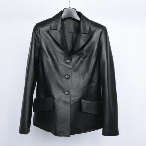 NOORA Womens Lambskin Black Leather Blazer With Button & Pocket | Formal Wear Blazer | Slim Fit | ST099 - Noora International