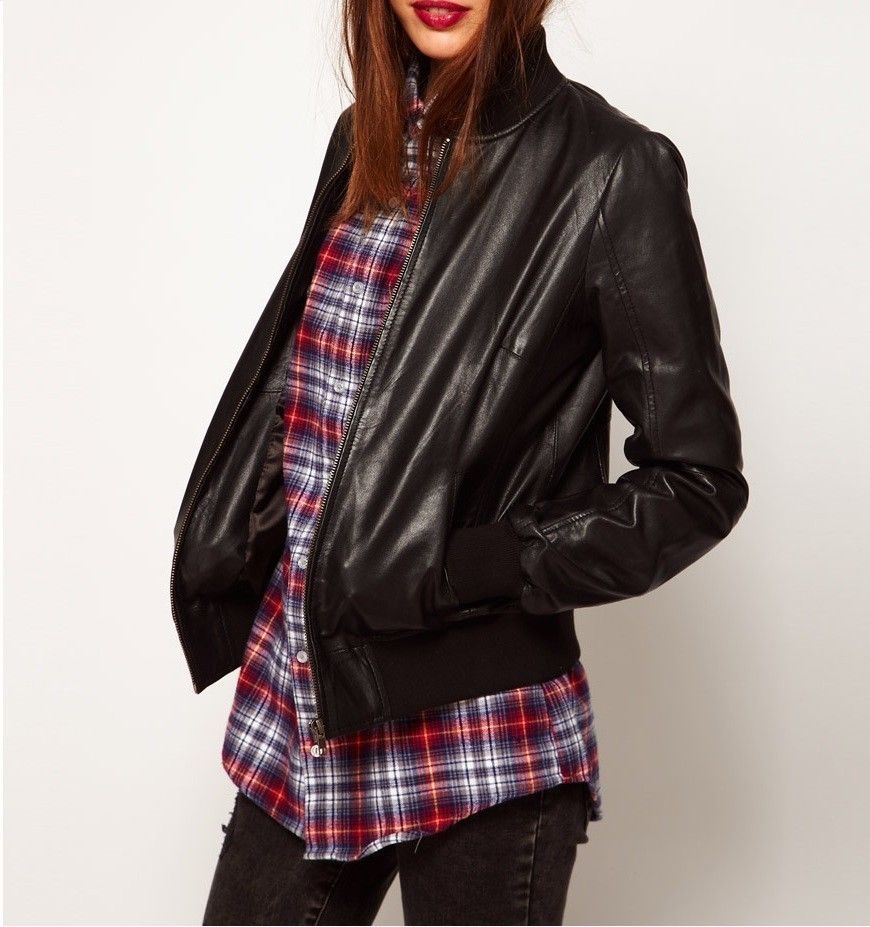 Womens Lambskin Black Leather Bomber Jacket Motorcycle Jacket With Zipper & Pocket, Stand up Collar