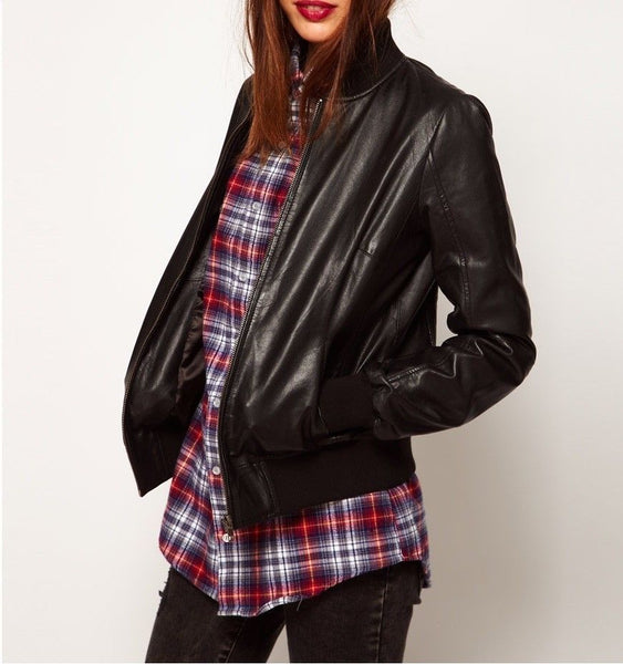 Noora Womens Lambskin Black Leather Bomber Jacket Motorcycle Jacket With Zipper & Pocket | Stand up Collar | ST04 - Noora International
