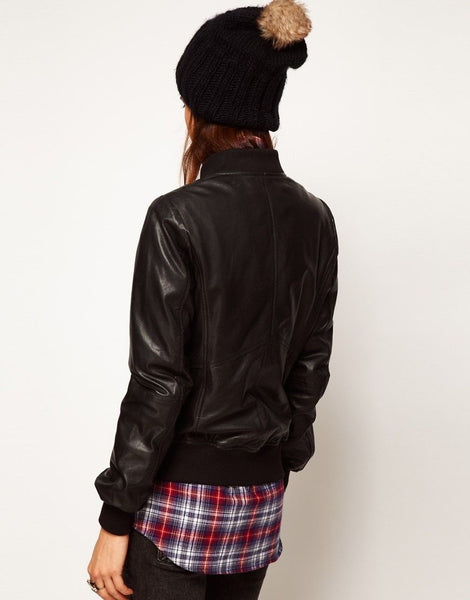 Noora Womens Lambskin Black Leather Bomber Jacket Motorcycle Jacket With Zipper & Pocket | Stand up Collar | ST04 - Noora International