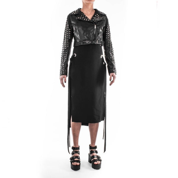 NOORA Womens Lambskin Black Leather Cropped Biker Jacket With Zipper & Pocket | Rock Studded Jacket | Belted Jacket | ST0166 - Noora International