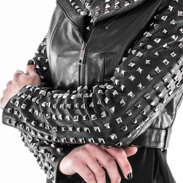 NOORA Womens Lambskin Black Leather Cropped Biker Jacket With Zipper & Pocket | Rock Studded Jacket | Belted Jacket | ST0166 - Noora International