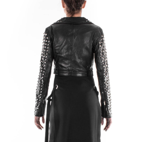NOORA Womens Lambskin Black Leather Cropped Biker Jacket With Zipper & Pocket | Rock Studded Jacket | Belted Jacket | ST0166 - Noora International