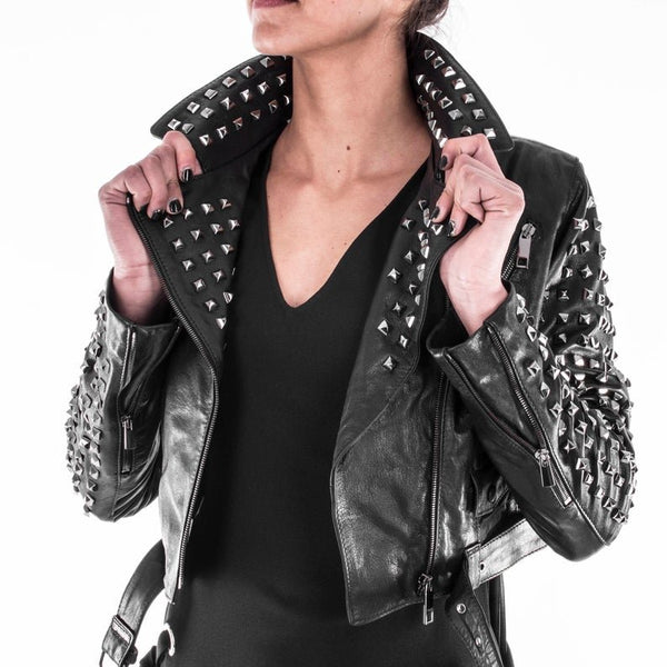 NOORA Womens Lambskin Black Leather Cropped Biker Jacket With Zipper & Pocket | Rock Studded Jacket | Belted Jacket | ST0166 - Noora International