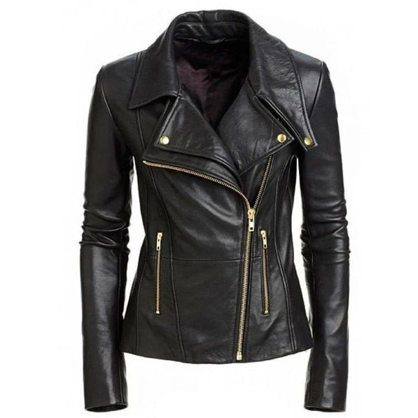 Noora Women's Lambskin Black Leather Jacket, Biker Motorcycle Leather Jacket, Western Party Wear Leather Jacket - Noora International