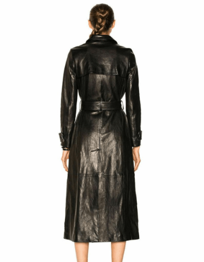 NOORA Womens Lambskin Black Leather Long Trench Coat With Belt | Slit Cut Trench Coat | ST092 - Noora International