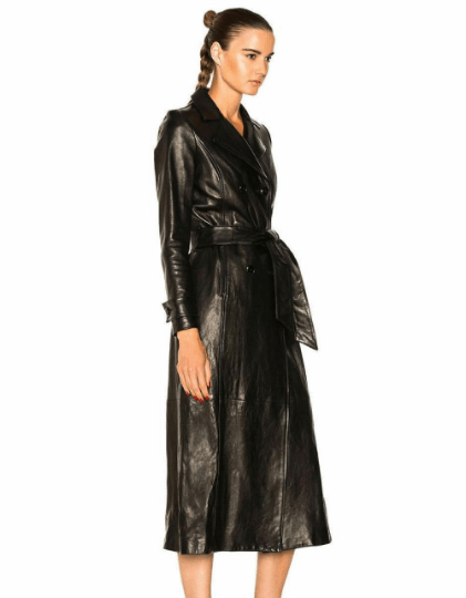 NOORA Womens Lambskin Black Leather Long Trench Coat With Belt | Slit Cut Trench Coat | ST092 - Noora International