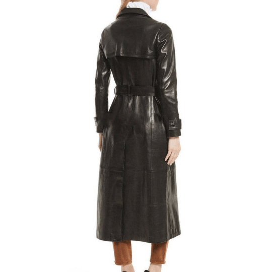 NOORA Womens Lambskin Black Leather Long trench Coat With Button | Belted Trench Coat | Winter Wear Trench Coat | ST0101 - Noora International