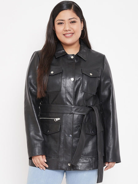 NOORA Womens Lambskin Black Leather Mini Trench Coat Style Jacket With Button & Pocket | Plus Size Jacket | Belted Jacket | ST0164 - Noora International