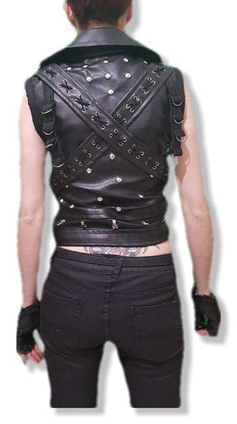 NOORA Womens Lambskin Black Leather Punk Rock Studded Vest Coat With Zipper | Vest Coat With Braided | Eyelets | RT259 - Noora International
