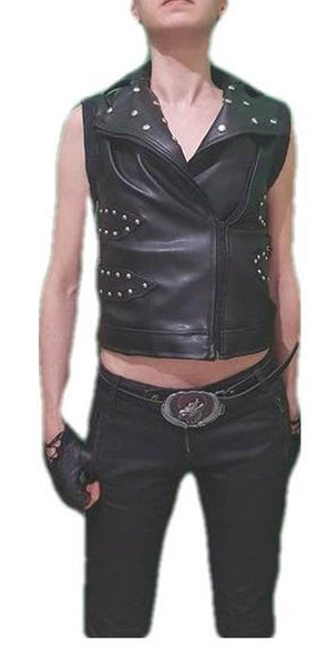 NOORA Womens Lambskin Black Leather Punk Rock Studded Vest Coat With Zipper | Vest Coat With Braided | Eyelets | RT259 - Noora International