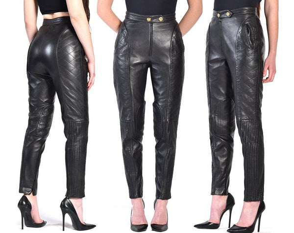 NOORA Womens Lambskin Black Leather Quilted Full Pant With Zipper | Womens Biker Pant | Trousers Leggings | High Waisted Pant | ST0358 - Noora International