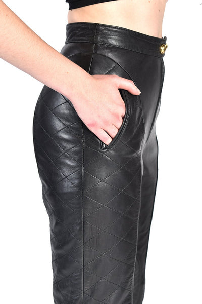 NOORA Womens Lambskin Black Leather Quilted Full Pant With Zipper | Womens Biker Pant | Trousers Leggings | High Waisted Pant | ST0358 - Noora International