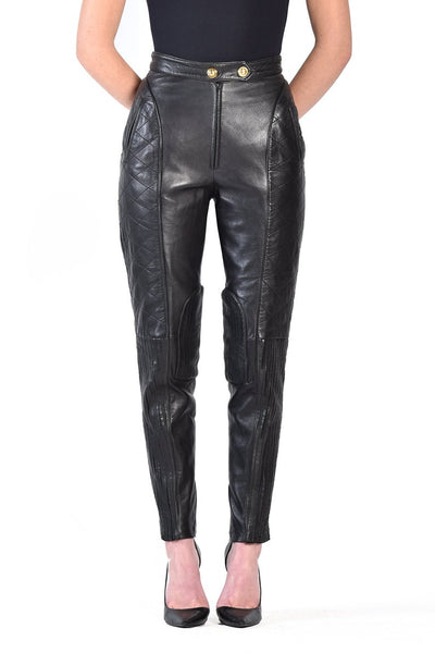 NOORA Womens Lambskin Black Leather Quilted Full Pant With Zipper | Womens Biker Pant | Trousers Leggings | High Waisted Pant | ST0358 - Noora International