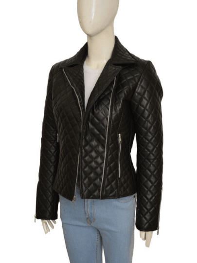 NOORA Womens Lambskin Black Leather Quilted Jacket With Zipper | Zipped Pocket | Slim Fit jacket | ST026 - Noora International