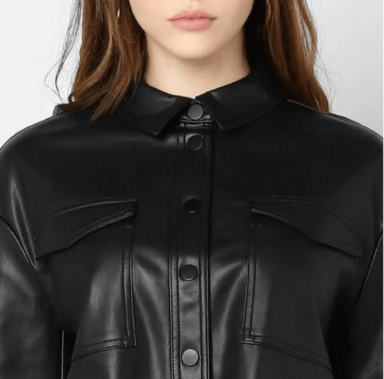 Noora Womens Lambskin Black Leather Shirt Jacket ,Motor Biker Leather Shirt With Collared | Slim Fit | Gift For Her | ST037 - Noora International