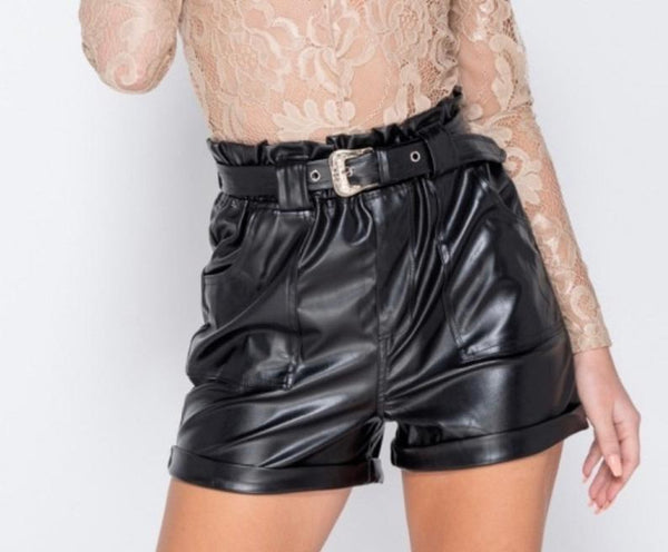 NOORA Womens Lambskin Black Leather Shorts With Belt & Pocket | Womens Biker Shorts | Mini Pant | ST0355 - Noora International