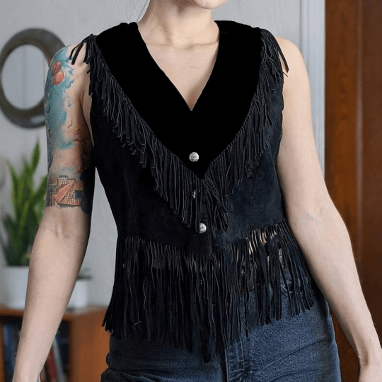 NOORA Womens Lambskin Black Suede Fringe Style Biker Jacket With Button | Fringe style Jacket | ST0105 - Noora International