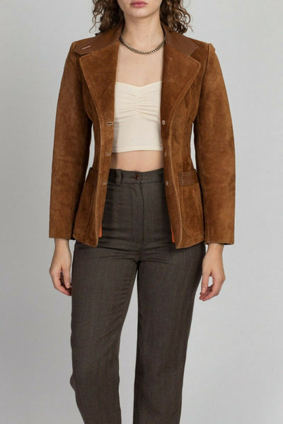 Noora Womens Lambskin Brown Suede Blazer, Western Style Cowgirl Coat with Lapel Collar, Gift for her - Noora International