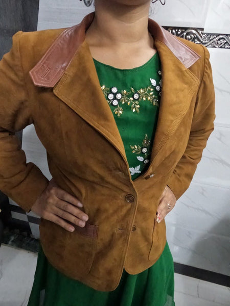 Noora Womens Lambskin Brown Suede Blazer, Western Style Cowgirl Coat with Lapel Collar, Gift for her - Noora International